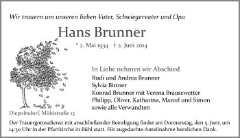 Traueranzeige von Hans Brunner von Pegnitz-Zeitung
